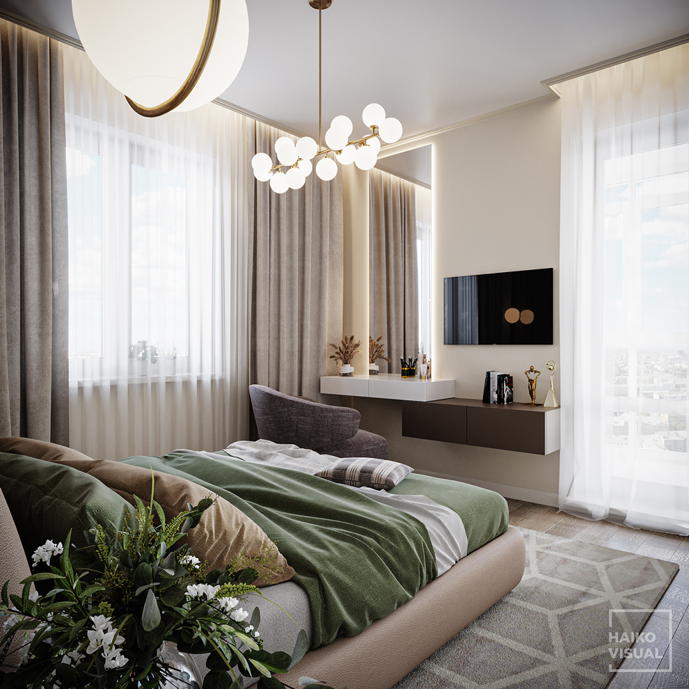 3D visualization of the bedroom, Minsk, Aviаcionnaya str. Design: studio «ART-CODE», Minsk