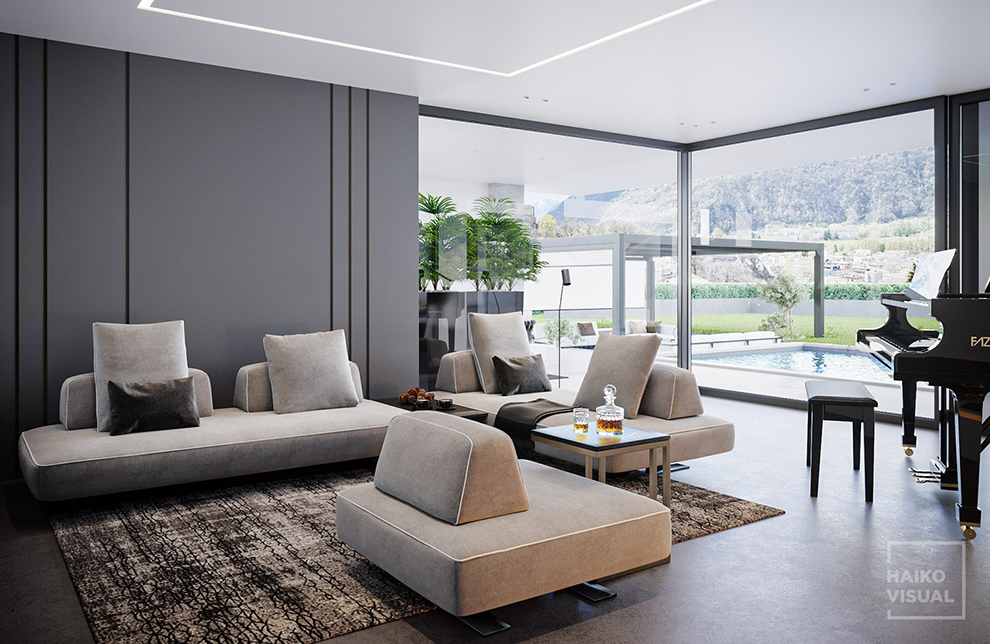 3D visualization of the living room, Switzerland, Daro. Design: studio «NUR DESIGN», Italy