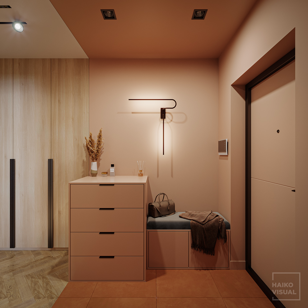 3D visualization of the hallway, Minsk, RC «Minsk World», qaurter «Tokio». Design: studio «MIWELEN», Minsk