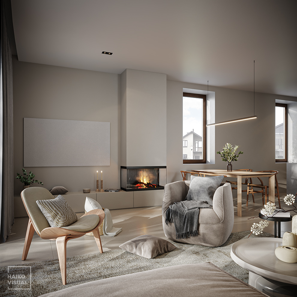 3D visualization of the living room, Negorod. Design: studio «UNIARCH», Saint-Petersburg