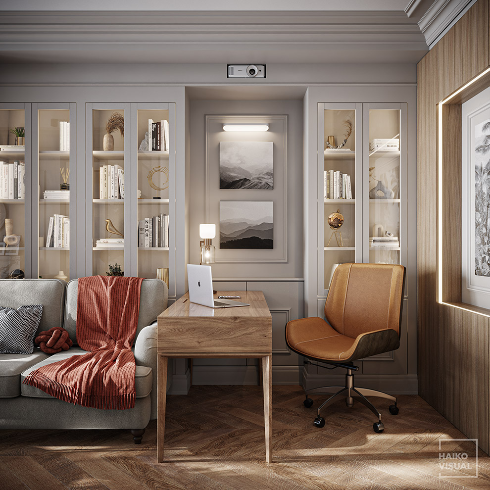 3D visualization of the cabinet, Negorod. Design: studio «LORDIC DESIGN», Saint-Petersburg