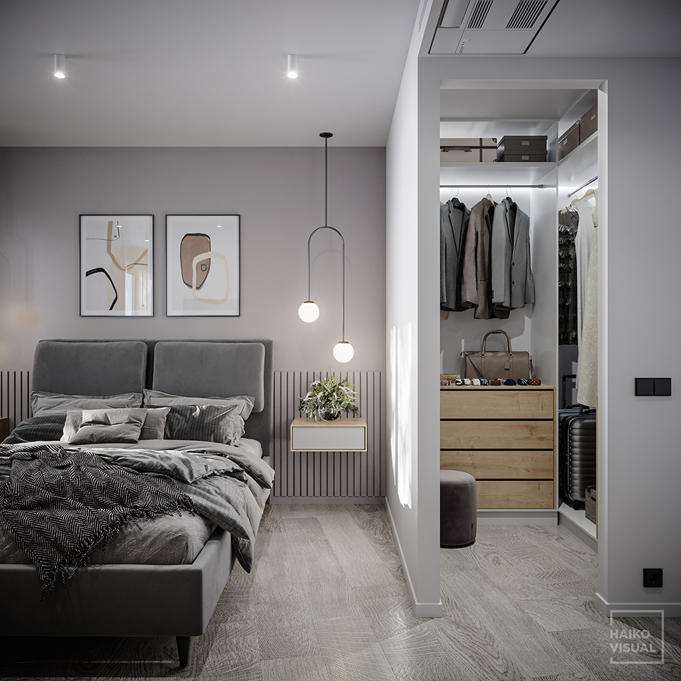3D visualization of the bedroom and wardrobe, RC «Skandi Klubb», Saint-Petersburg. Design: Hanna Shikhmanova, Saint-Petersburg