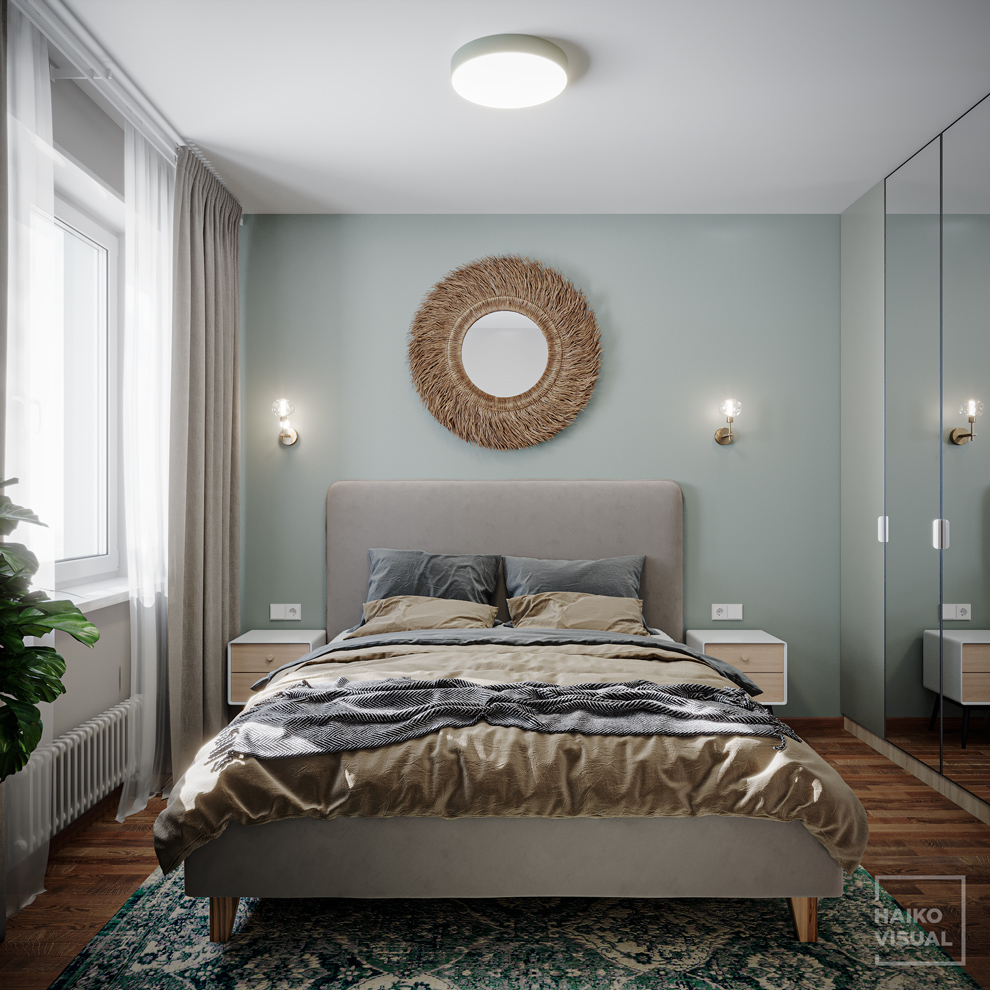 3D visualization of the bedroom, RC «Skandi Klubb», Saint-Petersburg. Design: Hanna Shikhmanova, Saint-Petersburg