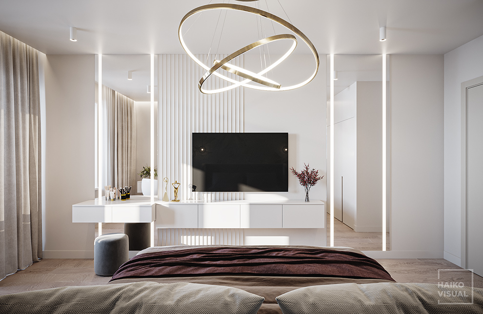 3D visualization of the bedroom, RC «Tihaya Gavan», Saint-Petersburg. Design: studio «NEVSKAYA ISTORIA», Saint-Petersburg