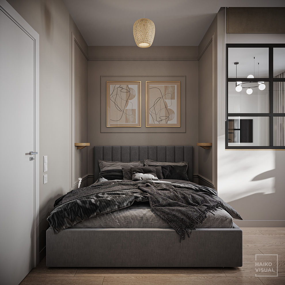 3D visualization of the bedroom, Rimskogo-Korsakova str, Saint-Petersburg. Design: studio «UNIARCH», Saint-Petersburg