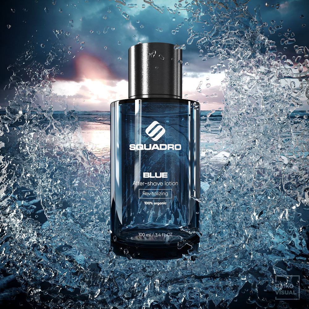Product 3D visualization and design of the after-shave lotion «BLUE». Manufacturer: «SQUADRO Cosmetics», Italy
